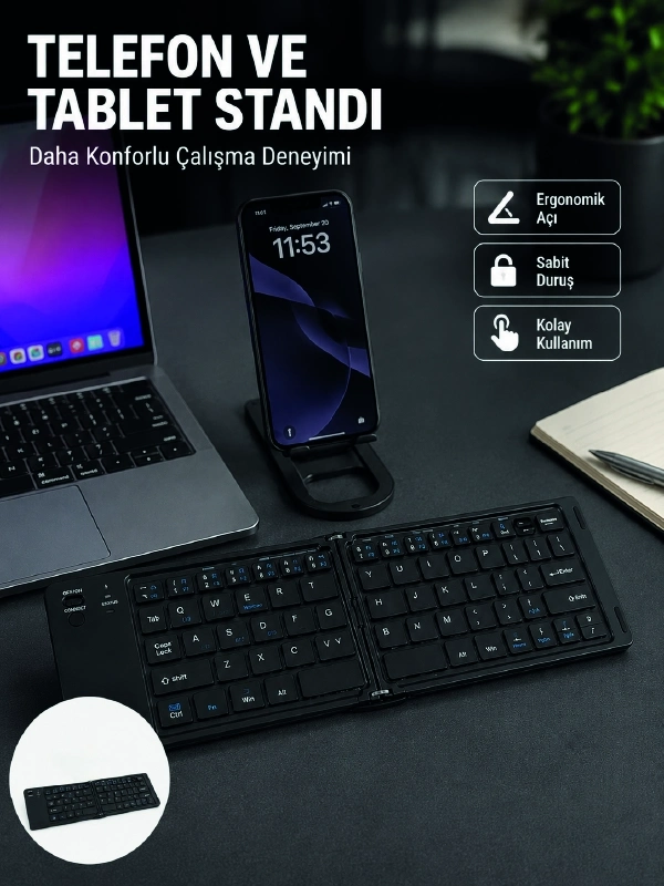 BUĞZ Bluetooth Katlanabilir Klavye USB-C Şarjlı 3 Cihaz Bağlantılı Taşınabilir Klavye
