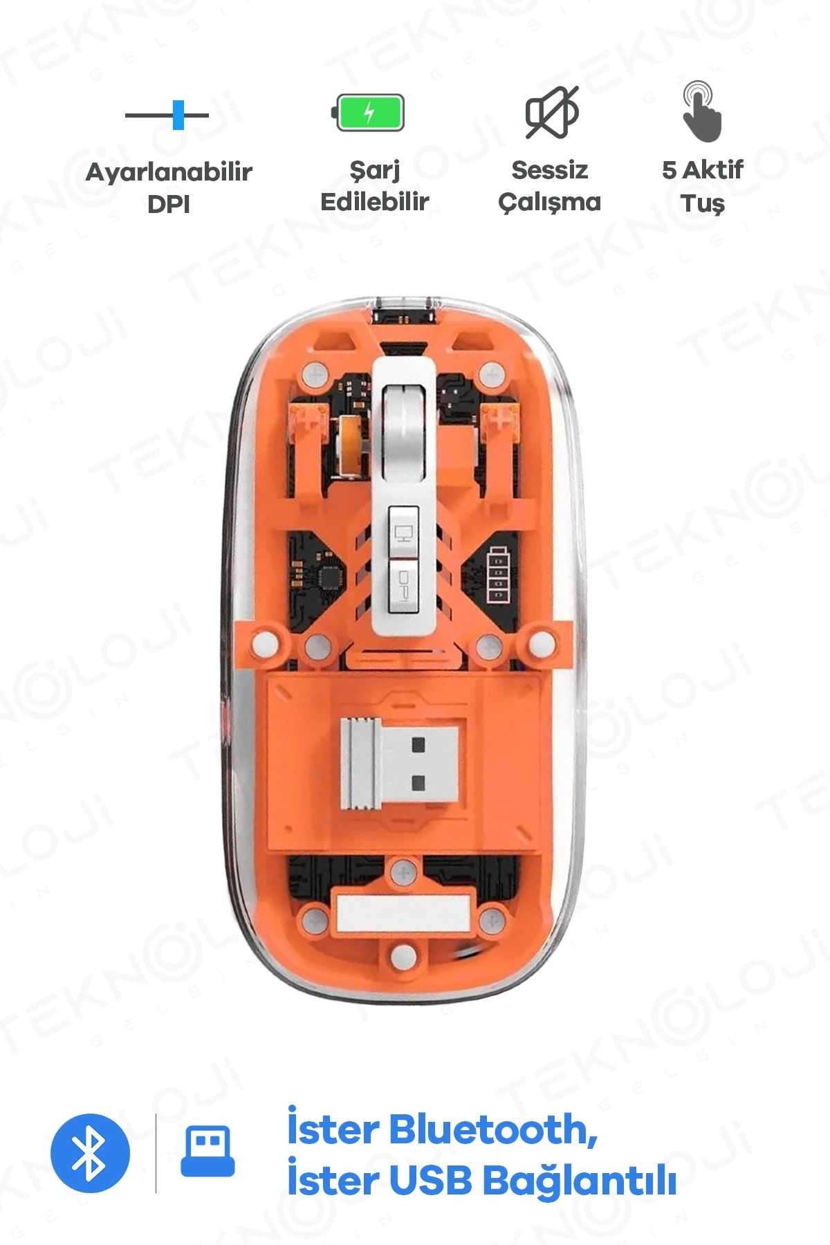 BUĞZ Bluetooth USB Çift Modlu Sessiz Mouse, Şeffaf Mıknatıslı Kapaklı, Type-C Şarjlı, DPI Ayarlı, Kablosuz 10m Çekim Mesafeli, Masaüstü Kısayol Tuşlu, Taşınabilir Şarjlı Mouse Turuncu