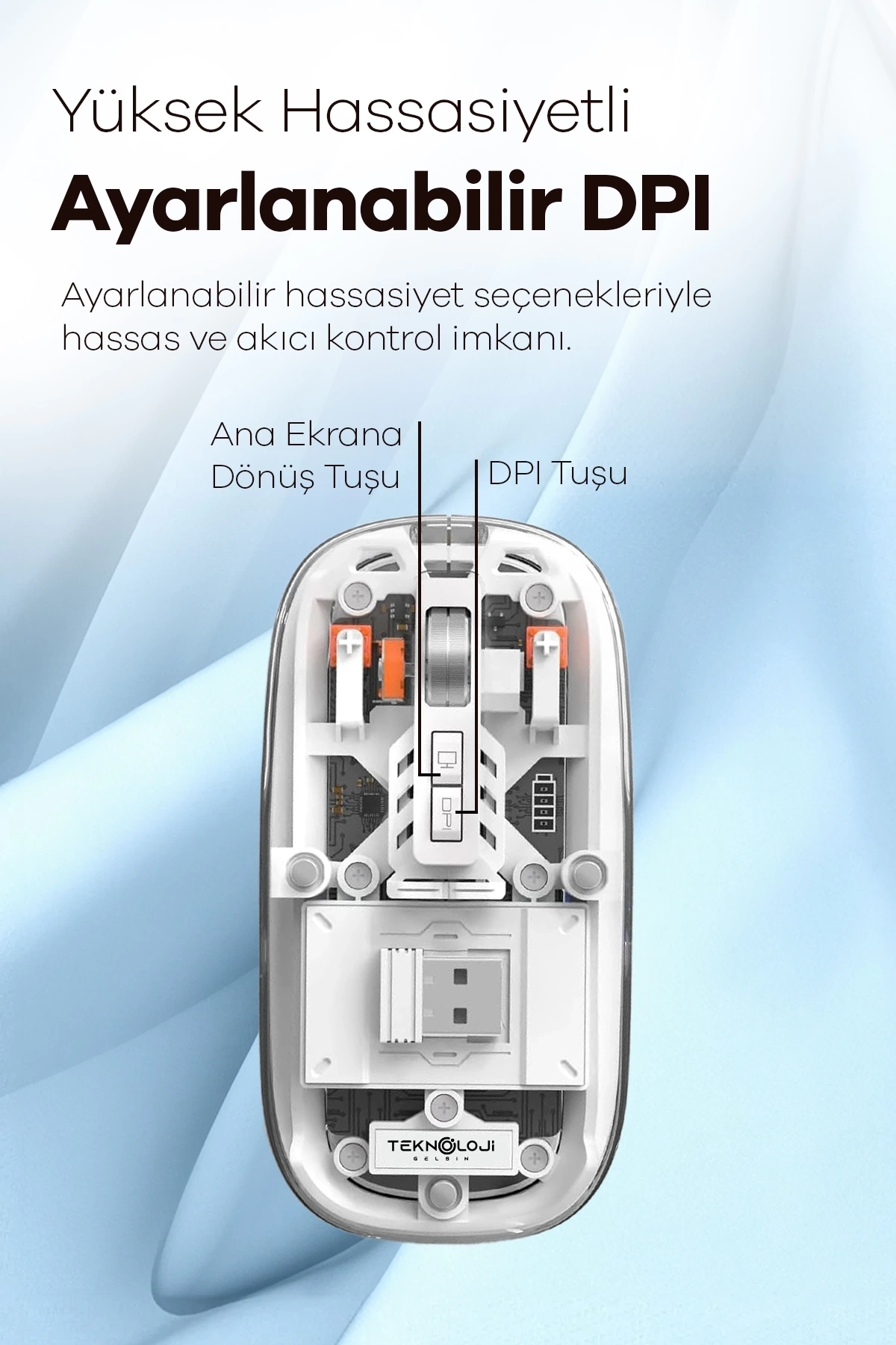 BUĞZ Bluetooth USB Çift Modlu Sessiz Mouse, Şeffaf Mıknatıslı Kapaklı, Type-C Şarjlı, DPI Ayarlı, Kablosuz 10m Çekim Mesafeli, Masaüstü Kısayol Tuşlu, Taşınabilir Şarjlı Mouse Turuncu