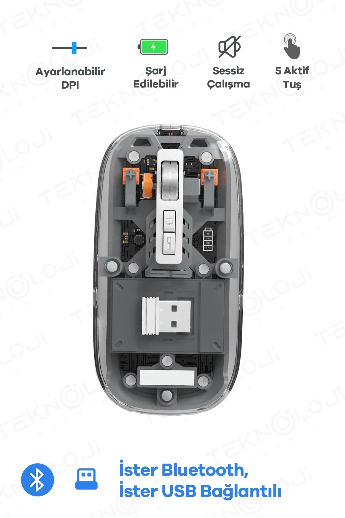 BUĞZ Bluetooth USB Çift Modlu Sessiz Mouse, Şeffaf Mıknatıslı Kapaklı, Type-C Şarjlı, DPI Ayarlı, Kablosuz 10m Çekim Mesafeli, Masaüstü Kısayol Tuşlu, Taşınabilir Şarjlı Mouse Siyah