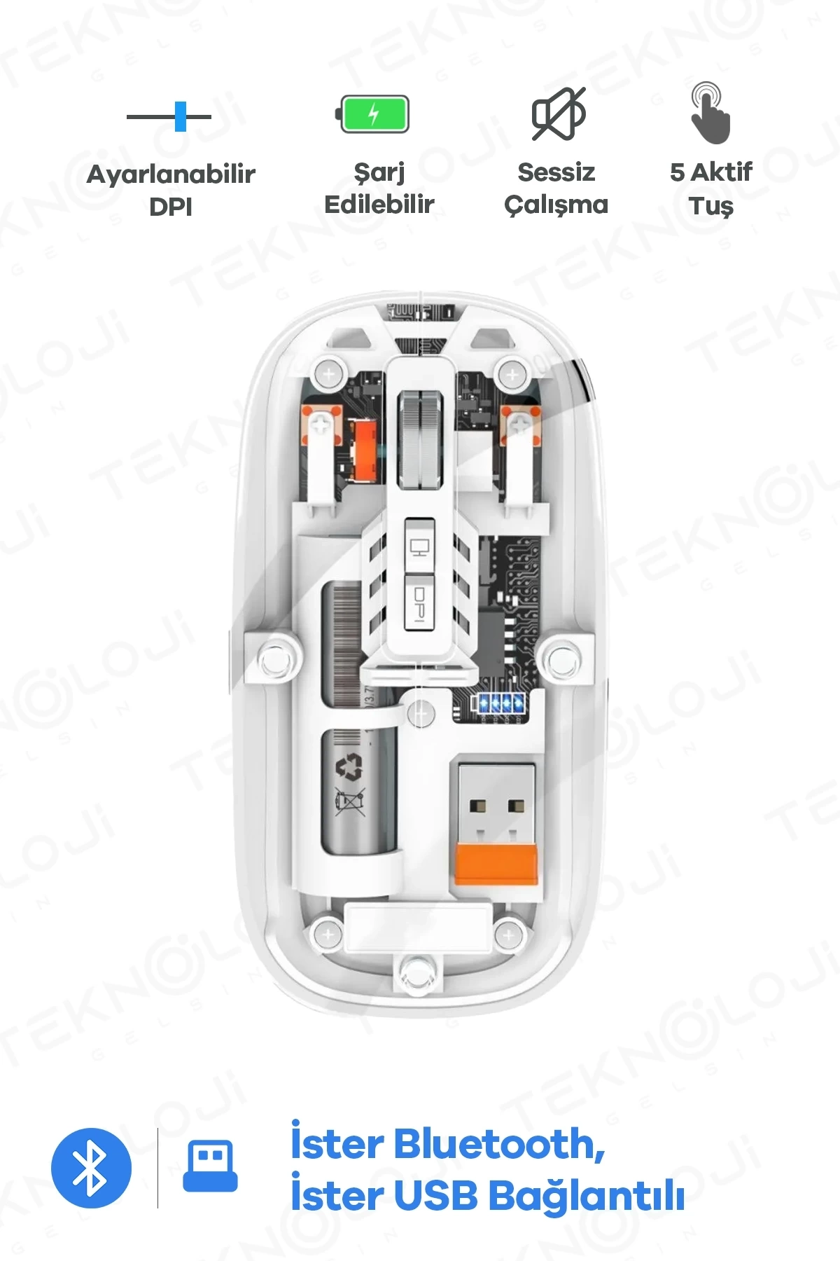 BUĞZ Bluetooth USB Çift Modlu Sessiz Mouse, Şeffaf Mıknatıslı Kapaklı, Type-C Şarjlı, DPI Ayarlı, Kablosuz 10m Çekim Mesafeli, Masaüstü Kısayol Tuşlu, Taşınabilir Şarjlı Mouse Beyaz