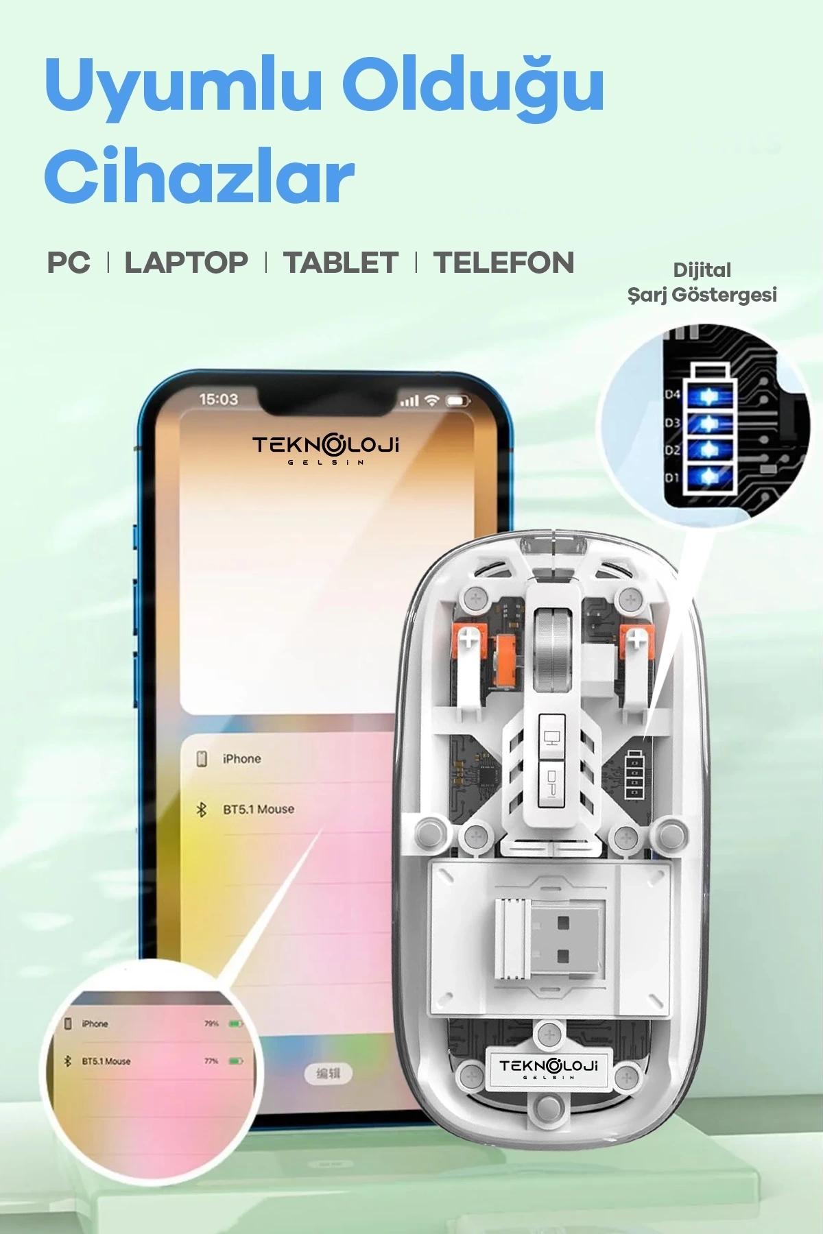 BUĞZ Bluetooth USB Çift Modlu Sessiz Mouse, Şeffaf Mıknatıslı Kapaklı, Type-C Şarjlı, DPI Ayarlı, Kablosuz 10m Çekim Mesafeli, Masaüstü Kısayol Tuşlu, Taşınabilir Şarjlı Mouse Turuncu