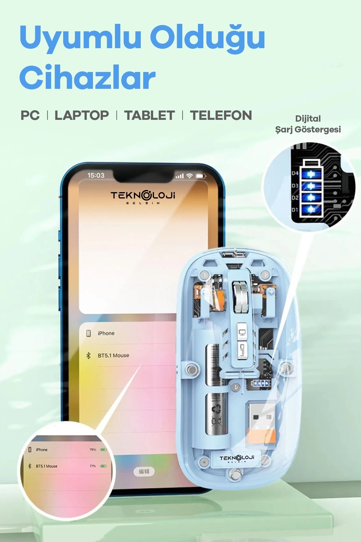 BUĞZ Bluetooth USB Çift Modlu Sessiz Mouse, Şeffaf Mıknatıslı Kapaklı, Type-C Şarjlı, DPI Ayarlı, Kablosuz 10m Çekim Mesafeli, Masaüstü Kısayol Tuşlu, Taşınabilir Şarjlı Mouse Siyah