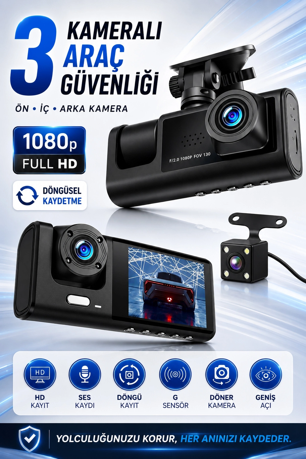 BUĞZ C309 Tipi 3 Kameralı LCD Ekran Araç Kamerası Hareket Sensörlü Gece Görüşlü G Sensörlü