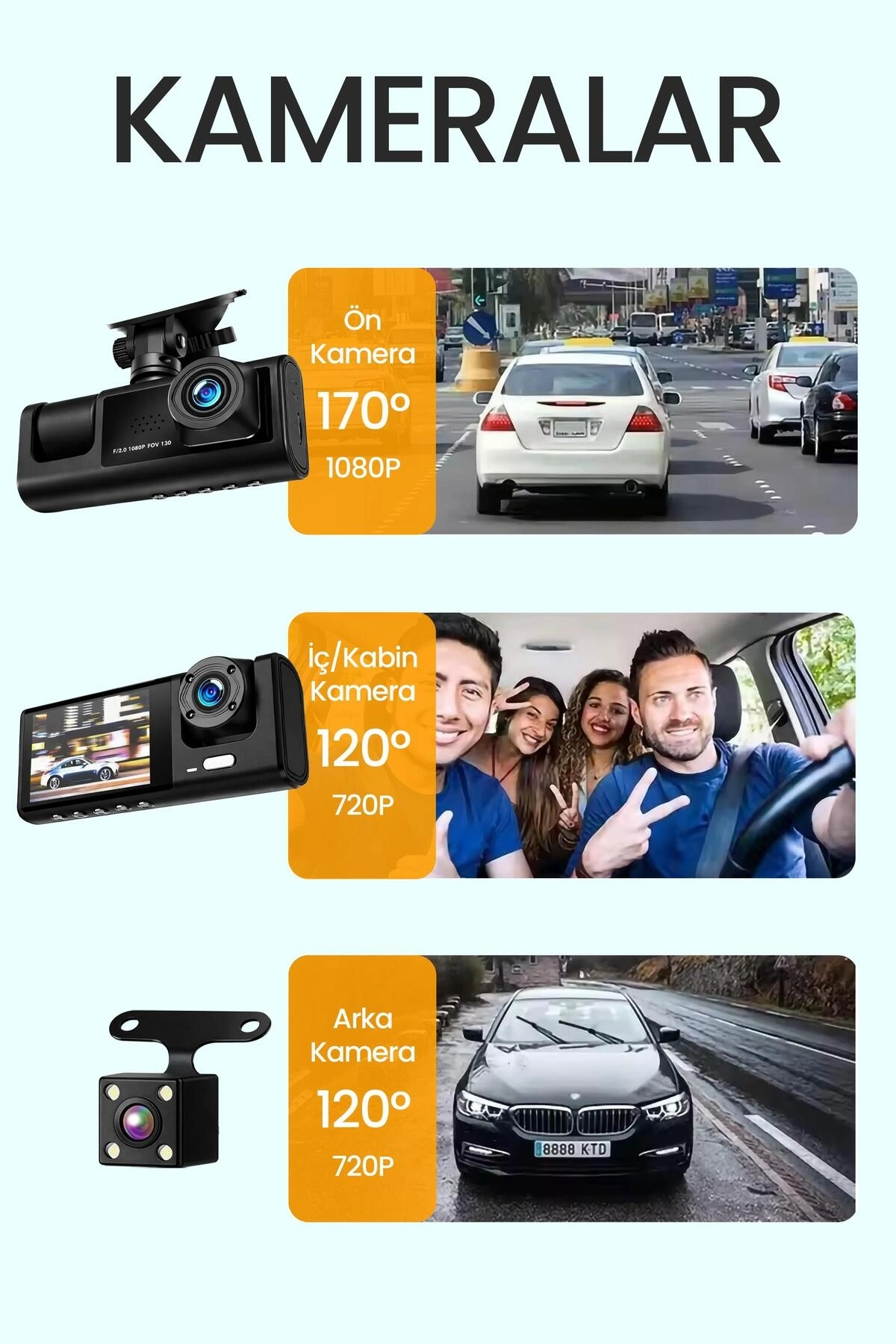 BUĞZ C309 Tipi 3 Kameralı LCD Ekran Araç Kamerası Hareket Sensörlü Gece Görüşlü G Sensörlü