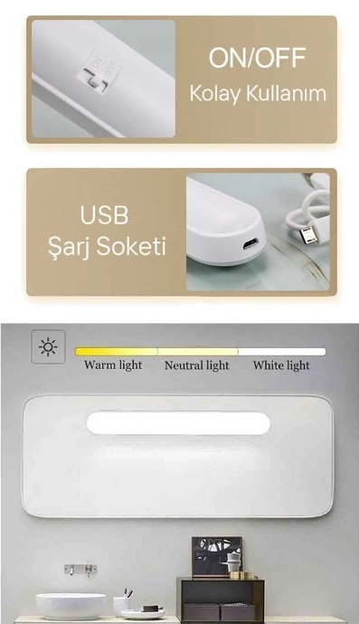 BUĞZ CATA CT 5249 Beyaz Kasa 3W Şarjlı Led Aplik Dokunmatik 3 Renk Modu