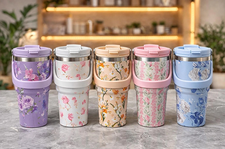 BUĞZ ÇİÇEK DESENLİ 700 ML TAŞIMA KULPLU PASLANMAZ ÇELİK TERMOS MUG BARDAK