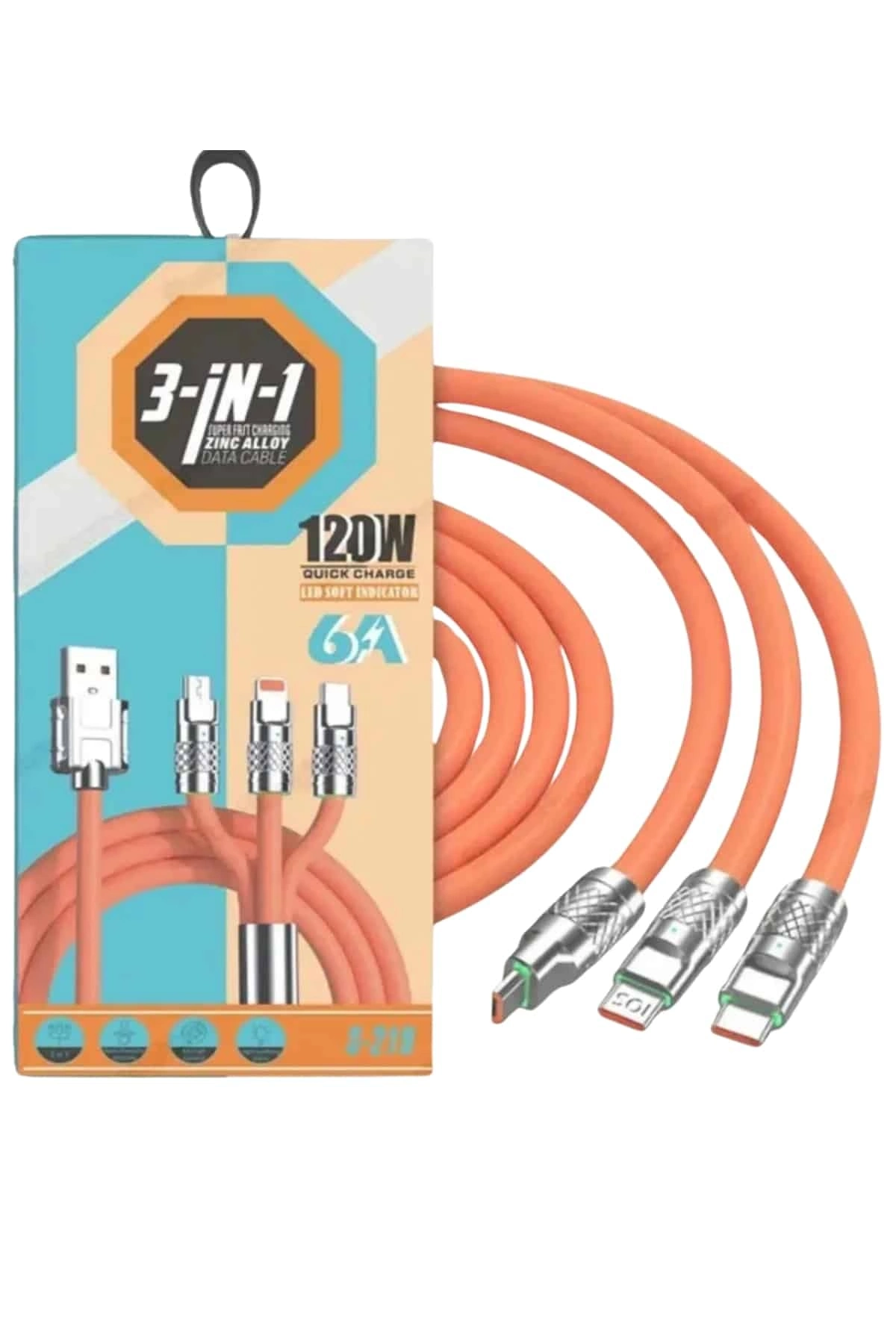 BUĞZ Çoklu Şarj Kablosu USB Type-C İOS Uyumlu 120W Hızlı Şarj Kablosu
