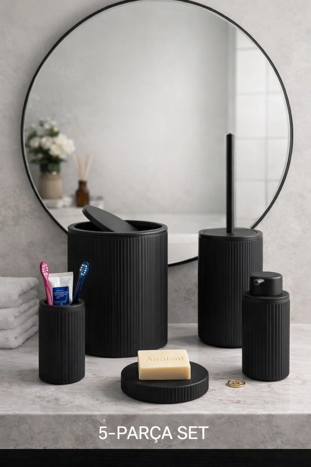 BUĞZ Çöp Kovası, Tuvalet Fırçası, Sabunluk 5 Parça Banyo Seti