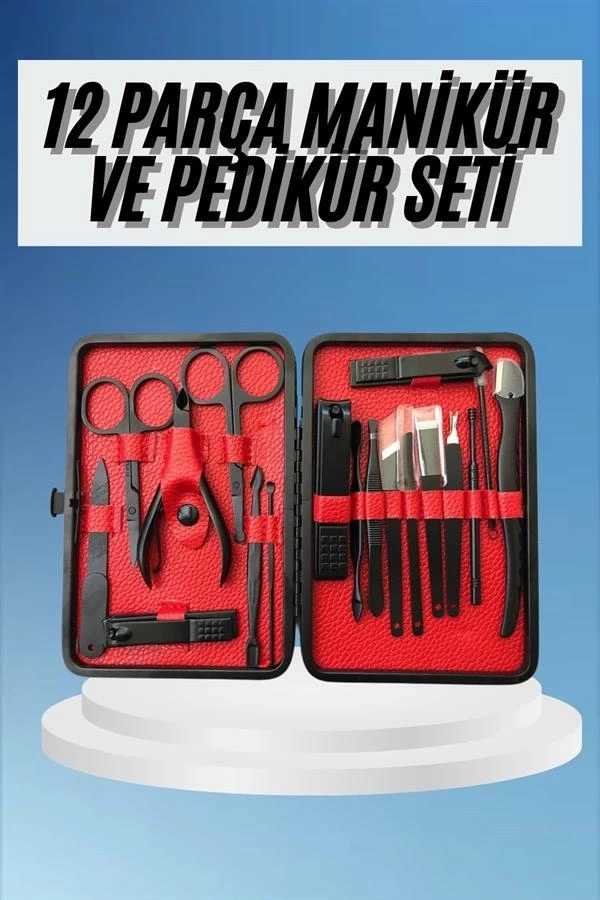 BUĞZ Deri Çantalı Siyah Paslanmaz Çelik 17 Parça Manikür Pedikür Seti