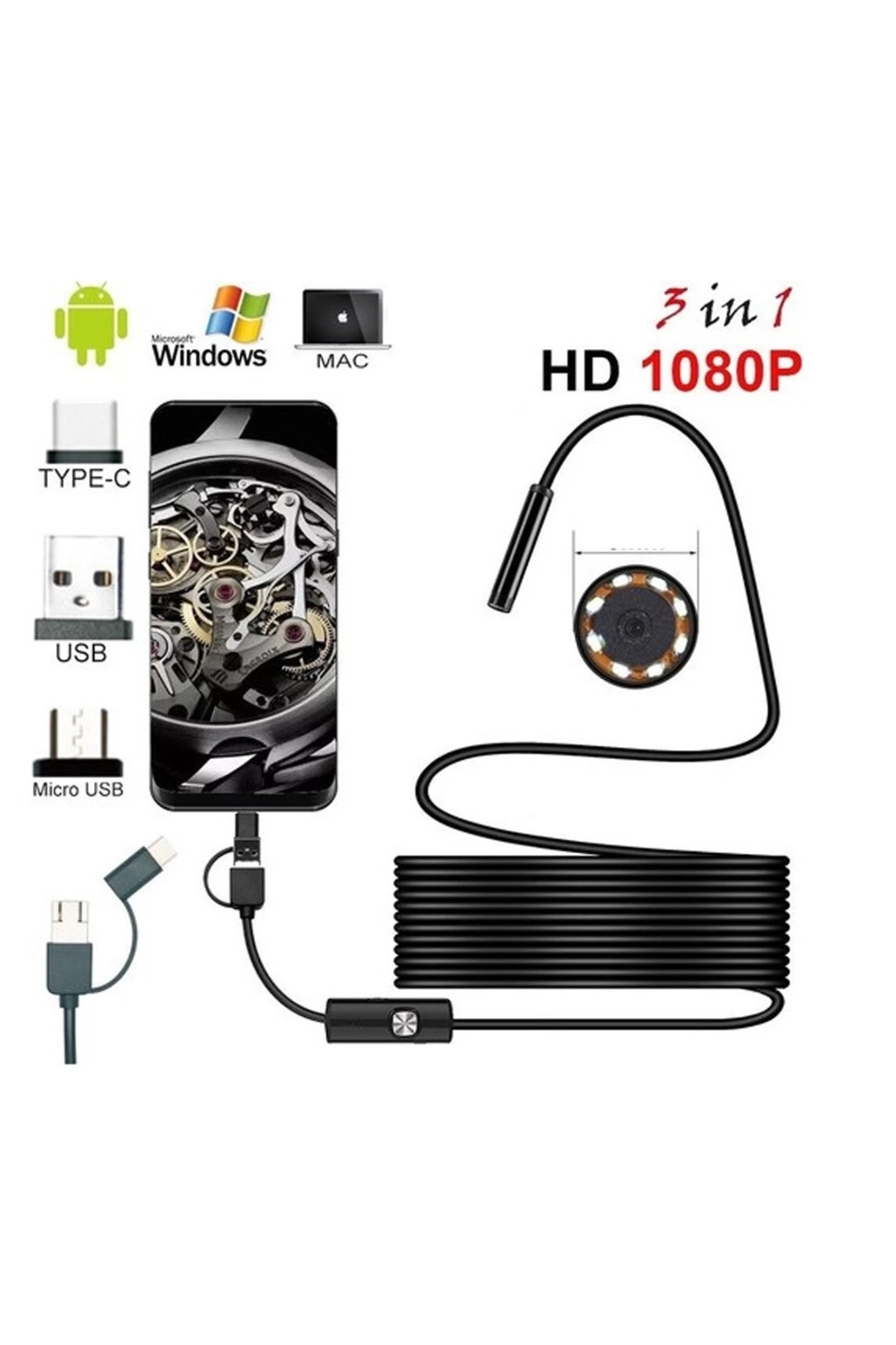 BUĞZ Endoskop 3 İn 1 Yılan Kamera Usb Micro Usb Type-c 20 Metre Sert Kablo