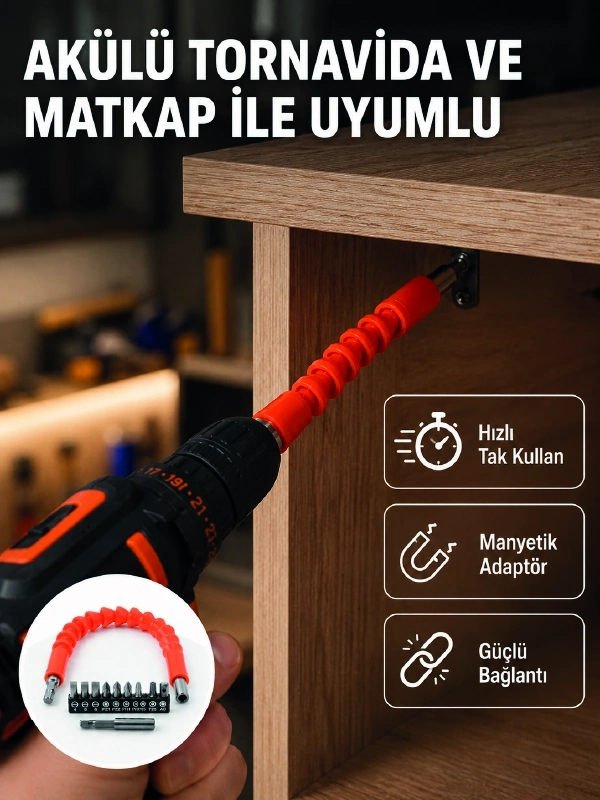 BUĞZ Esnek Bits Uç Seti 12 Parça Manyetik Adaptörlü Matkap Tornavida Aksesuarı