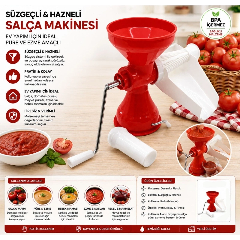 BUĞZ Ev Tipi Salça Makinesi - Süzgeçli ve Hazneli - Manuel Kollu