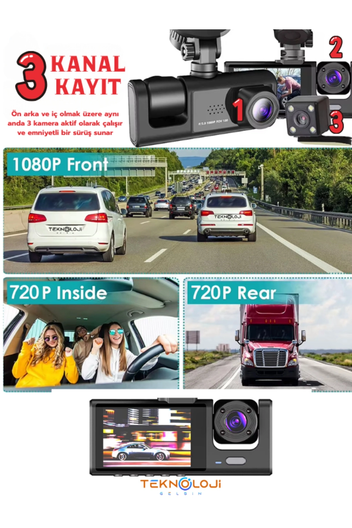 BUĞZ Full HD 1080p 3 Kameralı Dash Cam Ön Arka İç Kayıt Özellikli Gece Görüşlü G Sensörlü