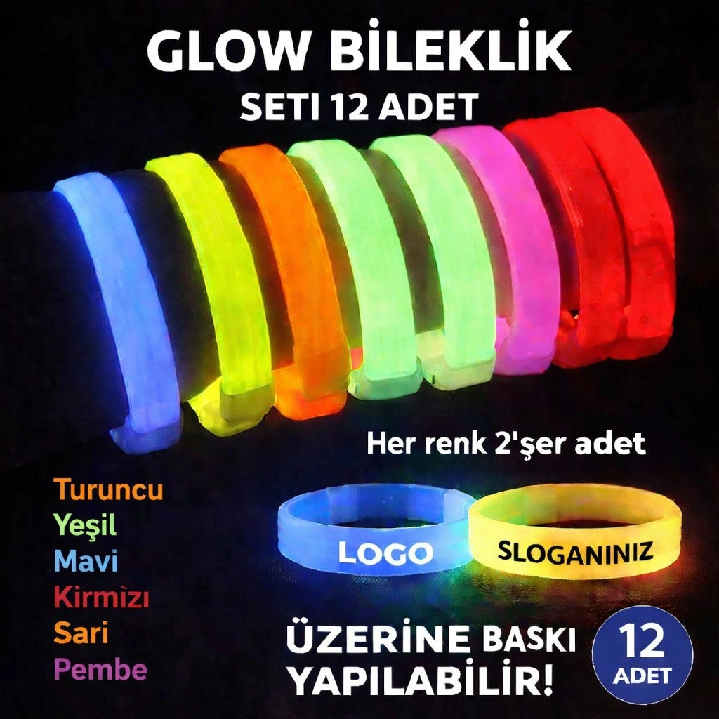 BUĞZ Glow Kalın Bileklik 12’li Set | Baskıya Uygun Renkli Model