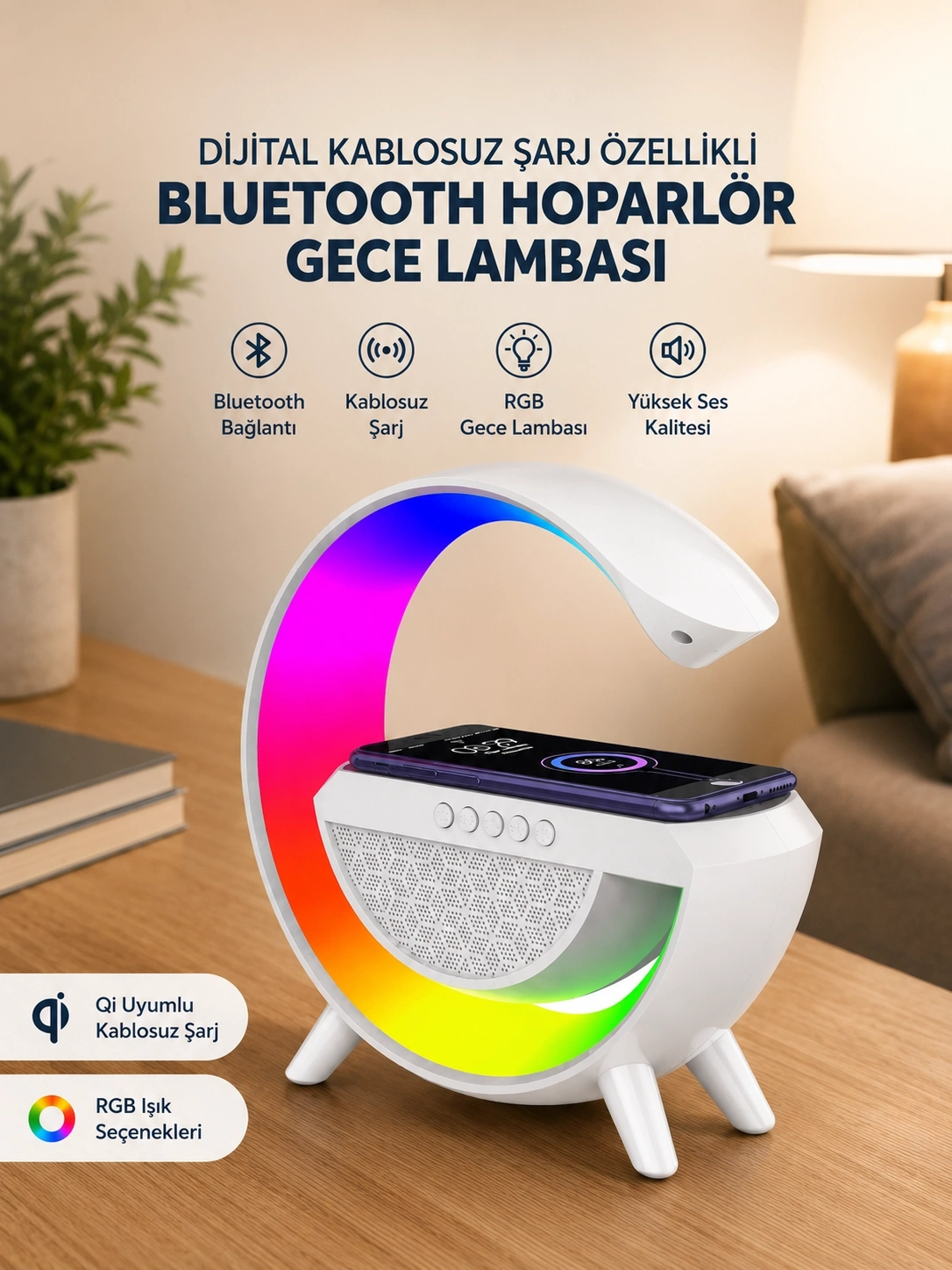 BUĞZ Google Dijital Kablosuz Şarj Özellikli Bluetooth Hoparlör Gece Lambası