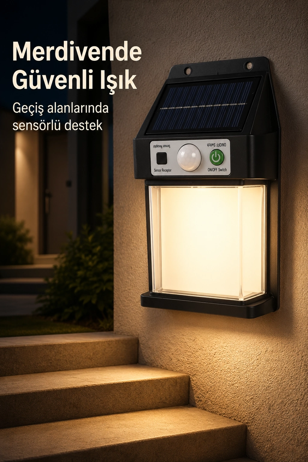 BUĞZ Güneş Enerjili Sensörlü Solar Aplik Dış Mekan Kapı Bahçe Balkon Garaj Duvar Işığı