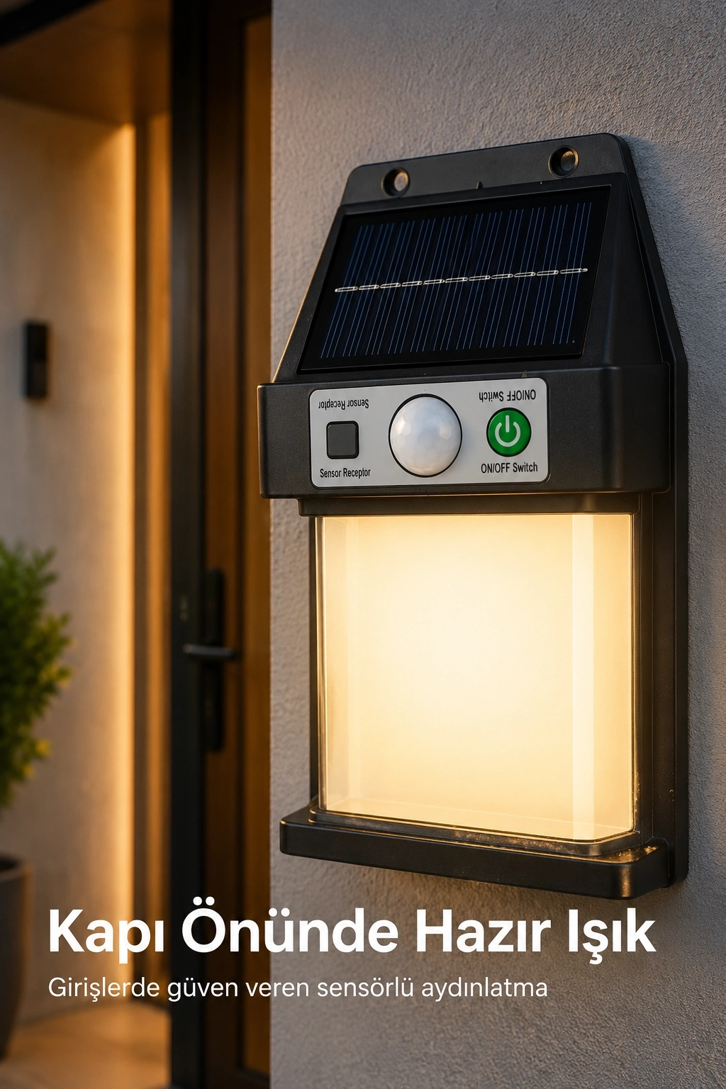 BUĞZ Güneş Enerjili Sensörlü Solar Aplik Dış Mekan Kapı Bahçe Balkon Garaj Duvar Işığı
