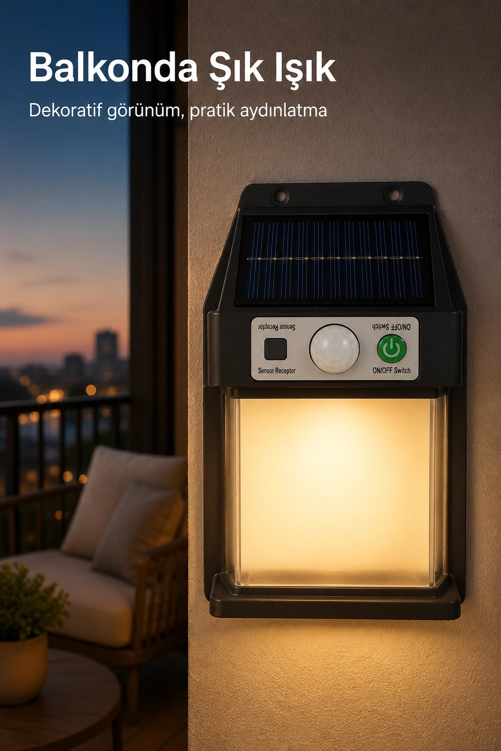 BUĞZ Güneş Enerjili Sensörlü Solar Aplik Dış Mekan Kapı Bahçe Balkon Garaj Duvar Işığı