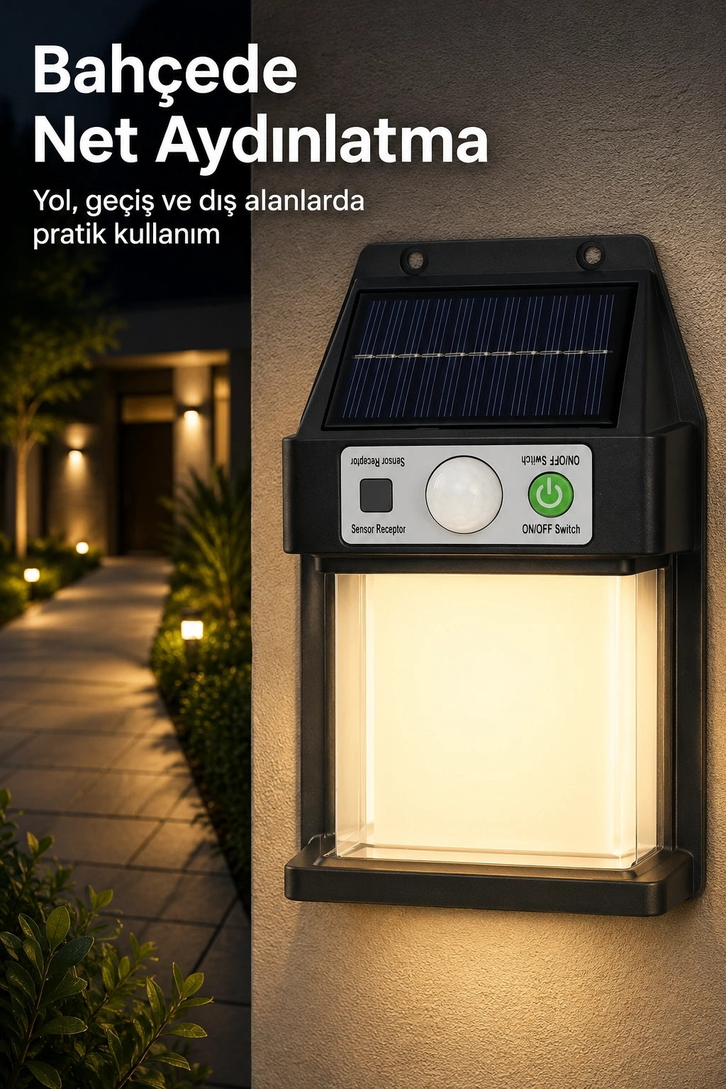 BUĞZ Güneş Enerjili Sensörlü Solar Aplik Dış Mekan Kapı Bahçe Balkon Garaj Duvar Işığı