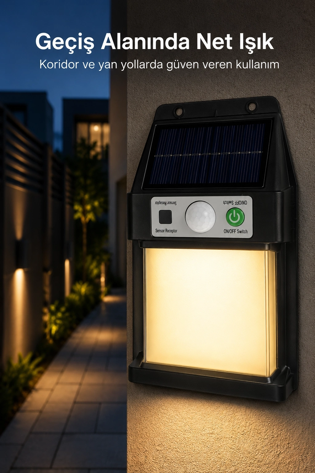 BUĞZ Güneş Enerjili Sensörlü Solar Aplik Dış Mekan Kapı Bahçe Teras Duvar Aydınlatma