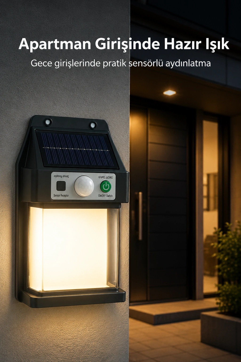 BUĞZ Güneş Enerjili Sensörlü Solar Aplik Dış Mekan Kapı Bahçe Teras Duvar Aydınlatma