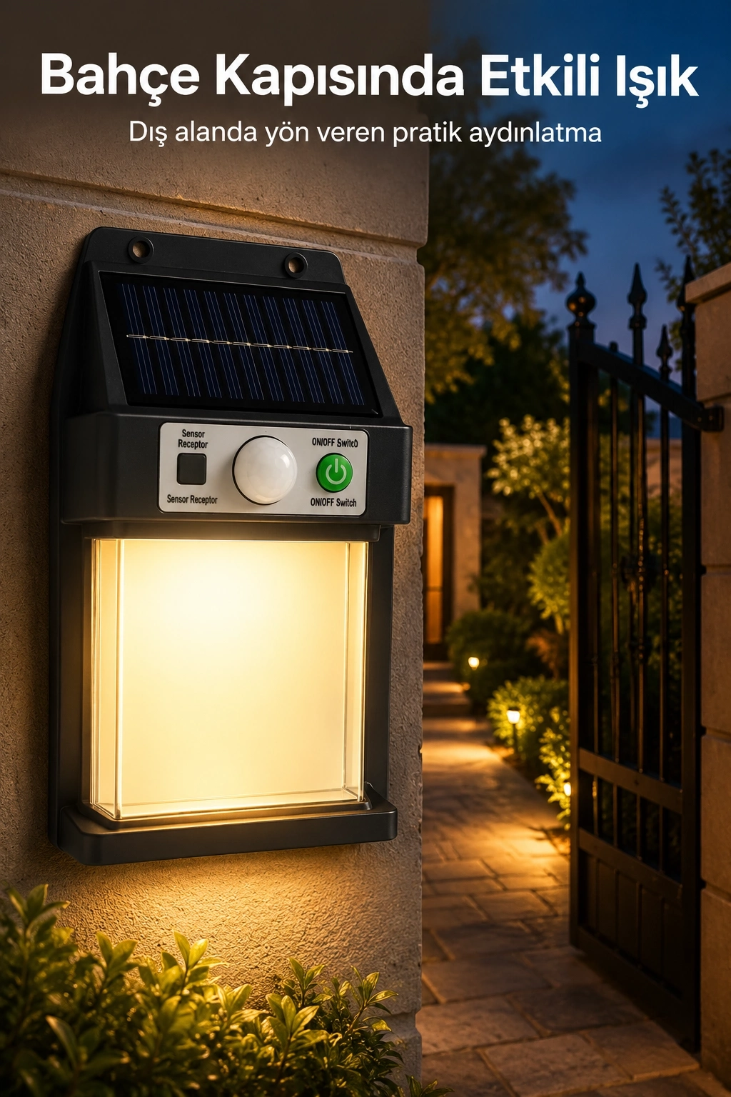 BUĞZ Güneş Enerjili Sensörlü Solar Aplik Dış Mekan Kapı Bahçe Teras Duvar Aydınlatma