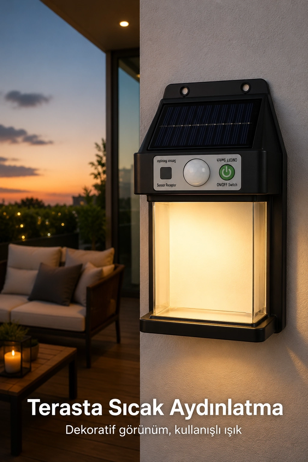BUĞZ Güneş Enerjili Sensörlü Solar Aplik Dış Mekan Kapı Bahçe Teras Duvar Aydınlatma
