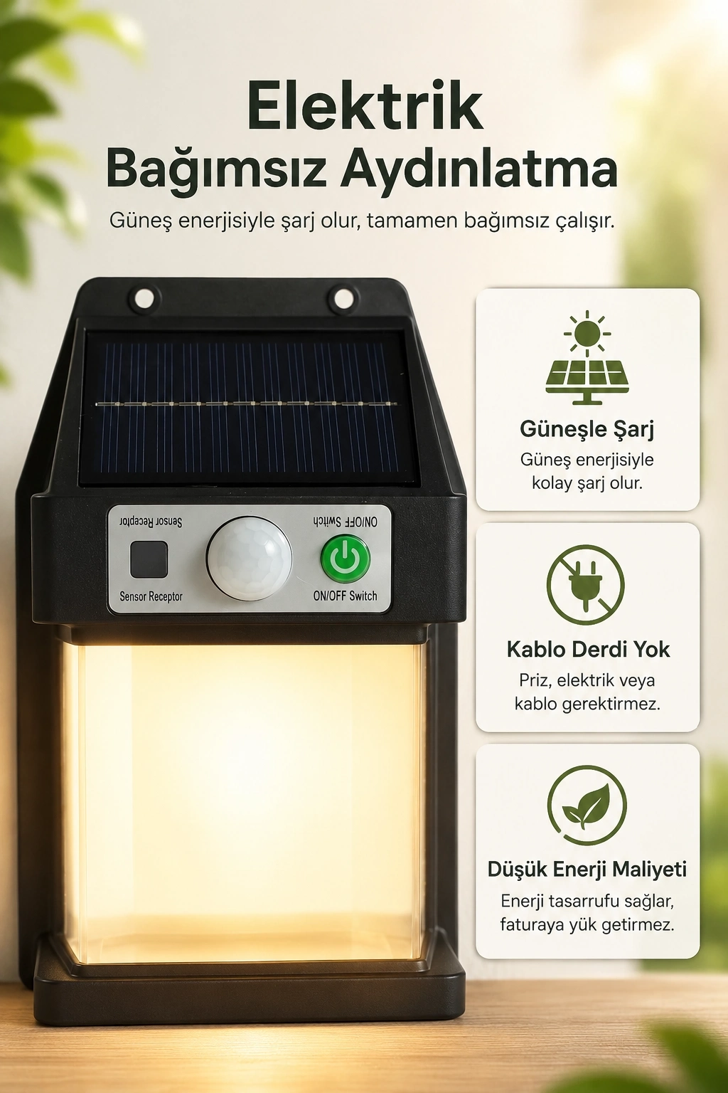 BUĞZ Güneş Enerjili Sensörlü Solar Aplik Duvar Tipi Dış Mekan Bahçe Balkon Işığı