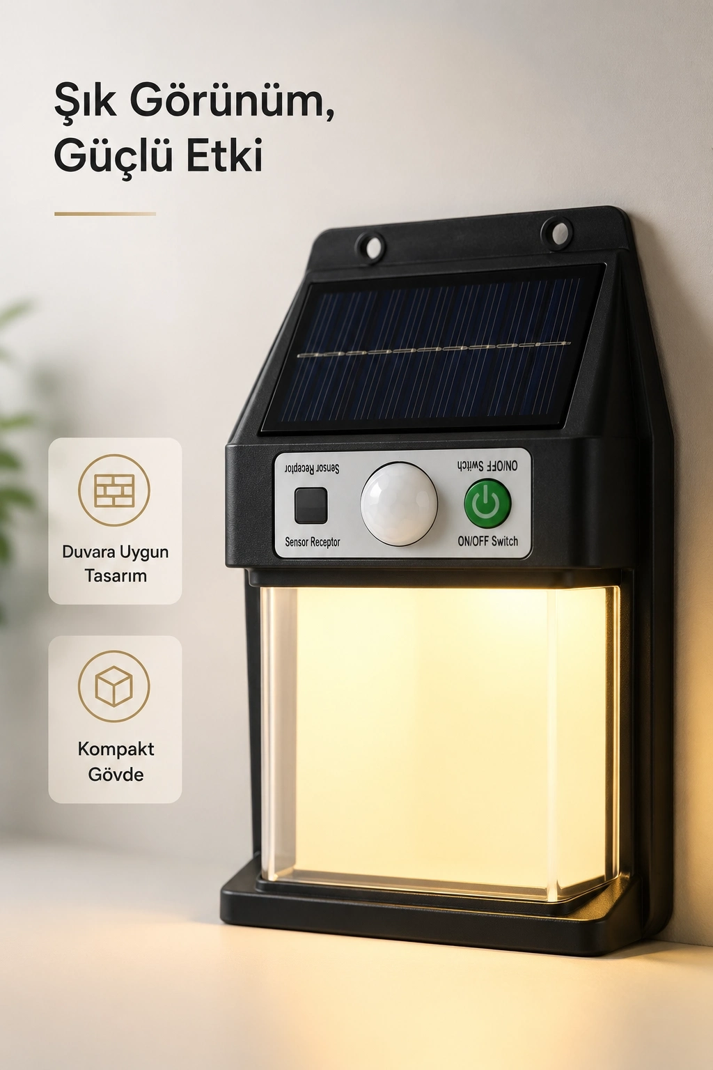 BUĞZ Güneş Enerjili Sensörlü Solar Aplik Duvar Tipi Dış Mekan Bahçe Balkon Işığı