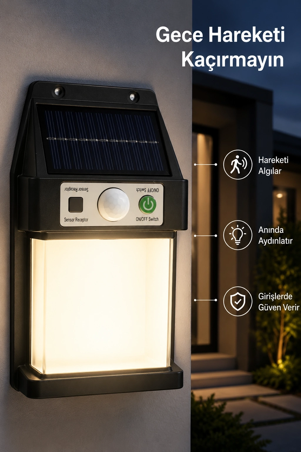 BUĞZ Güneş Enerjili Sensörlü Solar Aplik Duvar Tipi Dış Mekan Bahçe Balkon Işığı