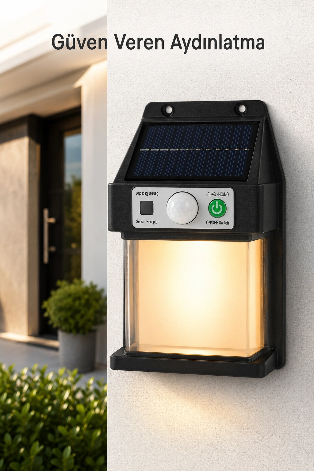 BUĞZ Güneş Enerjili Sensörlü Solar Aplik Duvar Tipi Dış Mekan Hareket Algılamalı Işık