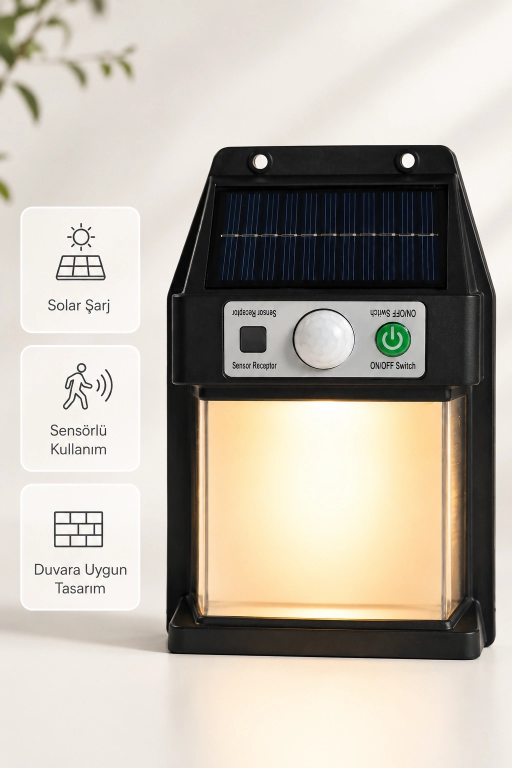 BUĞZ Güneş Enerjili Sensörlü Solar Aplik Duvar Tipi Dış Mekan Hareket Algılamalı Işık