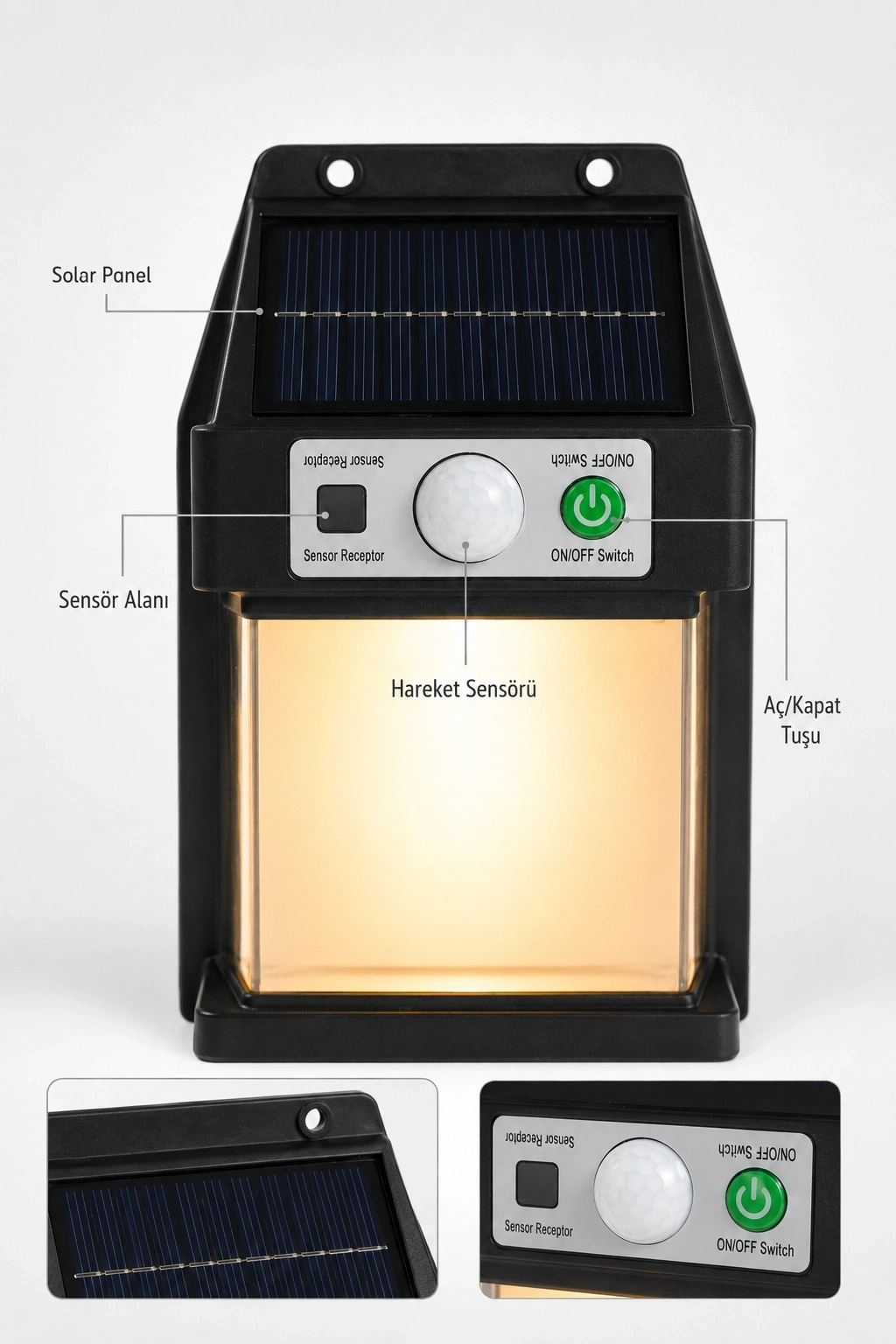 BUĞZ Güneş Enerjili Sensörlü Solar Aplik Duvar Tipi Dış Mekan Hareket Algılamalı Işık