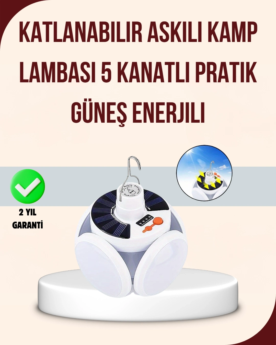 BUĞZ Güneş Enerjili USB Şarj Edilebilir 5 Modlu Katlanabilir LED Kamp Işığı