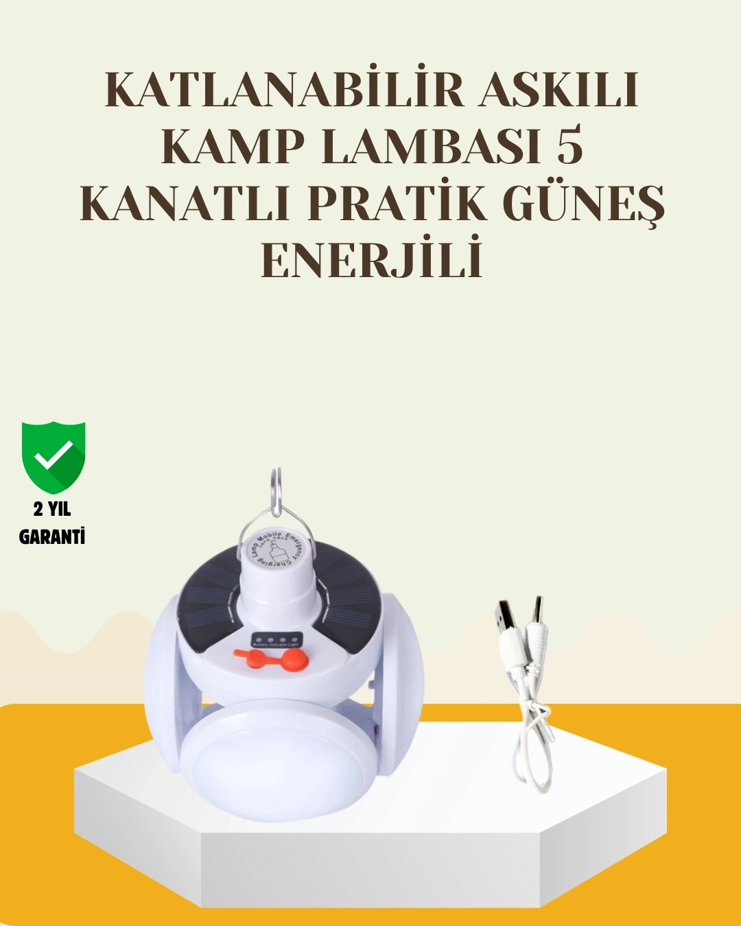 BUĞZ Güneş Paneliyle Şarj Olan Katlanabilir LED Çadır Lambası – 5 Kademeli Aydınlatma