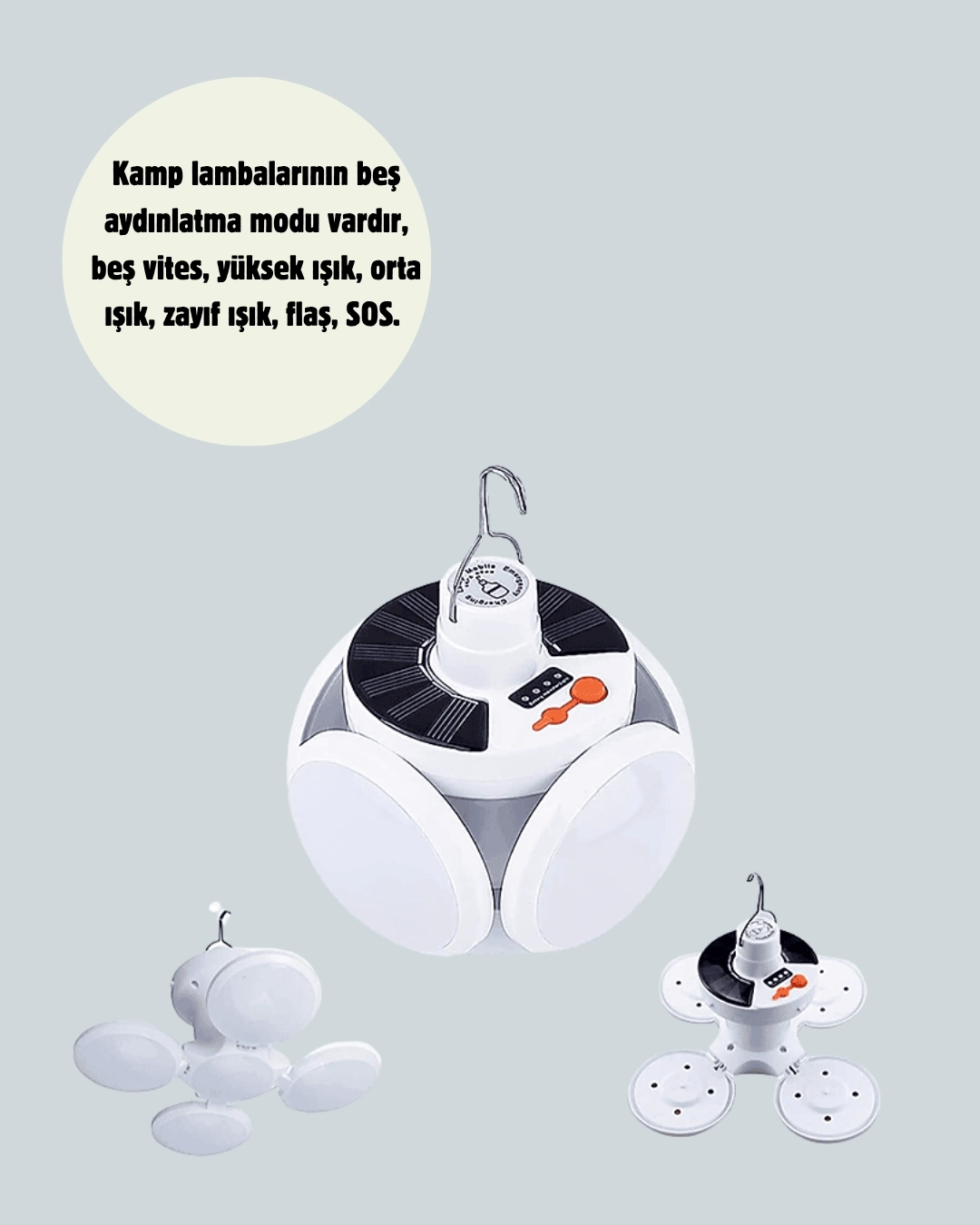 BUĞZ Güneş Paneliyle Şarj Olan Katlanabilir LED Çadır Lambası – 5 Kademeli Aydınlatma