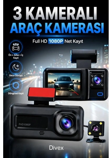 BUĞZ HD 3 Kameralı Araç Kamerası Ön Arka İç Kayıt Gece Görüşlü G Sensörlü Geniş Açılı
