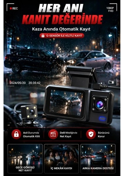 BUĞZ HD 3 Kameralı Araç Kamerası Ön Arka İç Kayıt Gece Görüşlü G Sensörlü Geniş Açılı