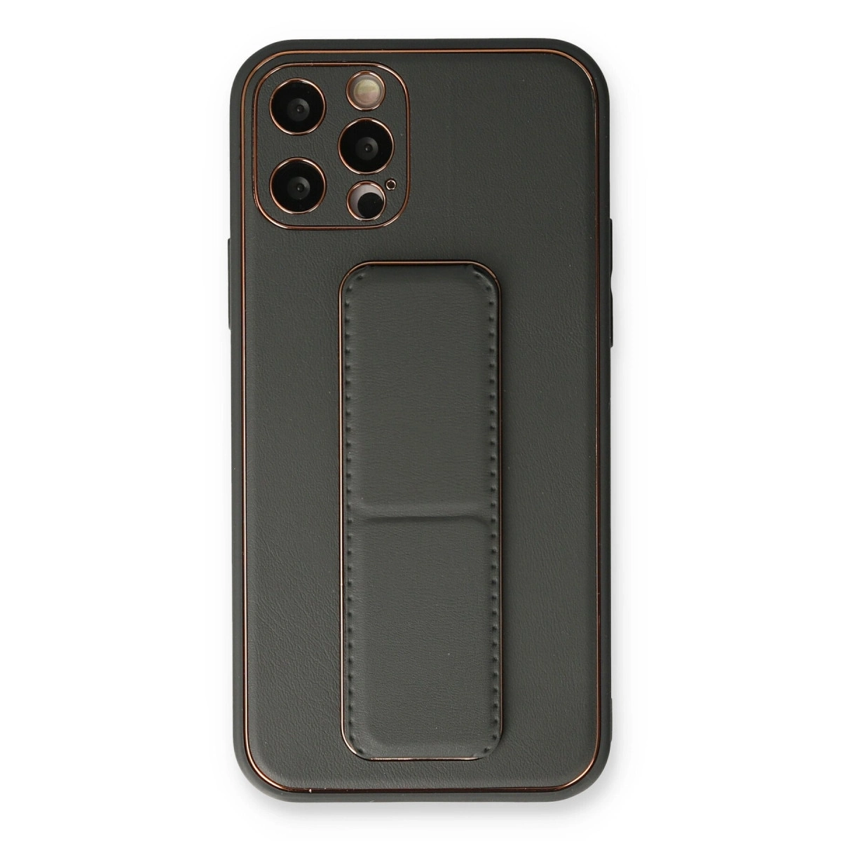 BUĞZ İphone 12 Pro Kılıf Coco Deri Standlı Kapak - Füme