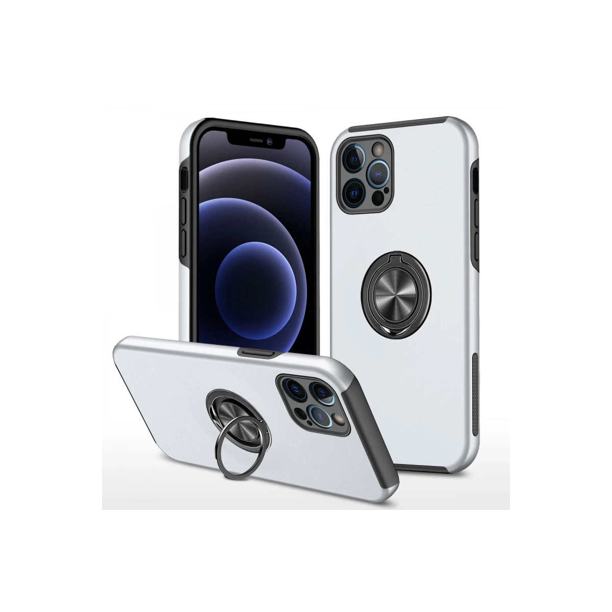 BUĞZ İphone 12 Pro Kılıf Elit Yüzüklü Kapak - Gümüş
