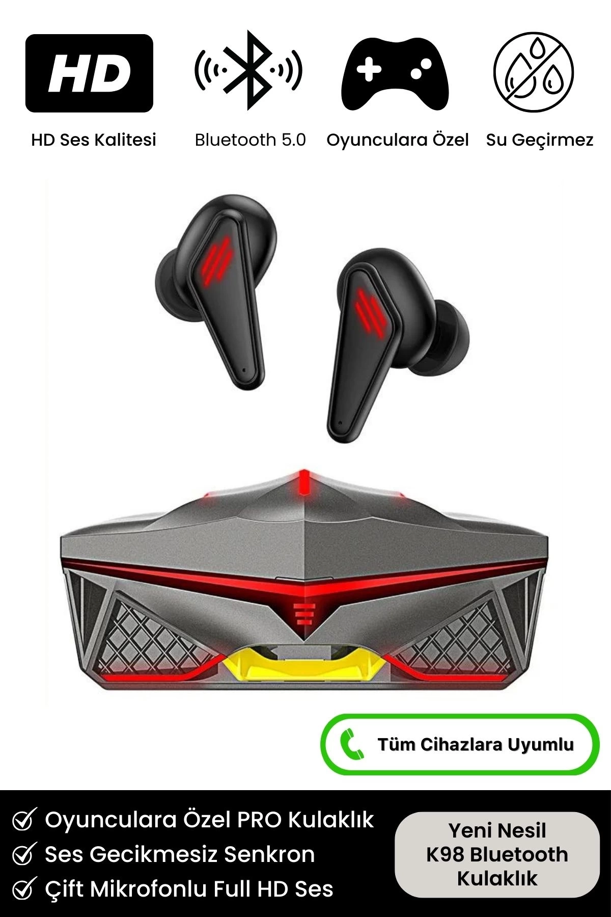 BUĞZ K98 Pro Oyuncu HD Ses Mikrofonlu Işıklı Metal Kasa iOS Android Uyumlu Bluetooth Kablosuz Kulaklık