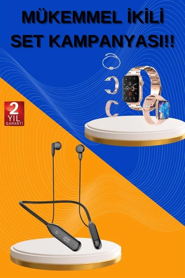BUĞZ Kablolu Bluetooth Kulaklık ve Kadınlara Özel Bileklik Hediyeli Yeni Nesil Akıllı Saat 3 Kordonlu