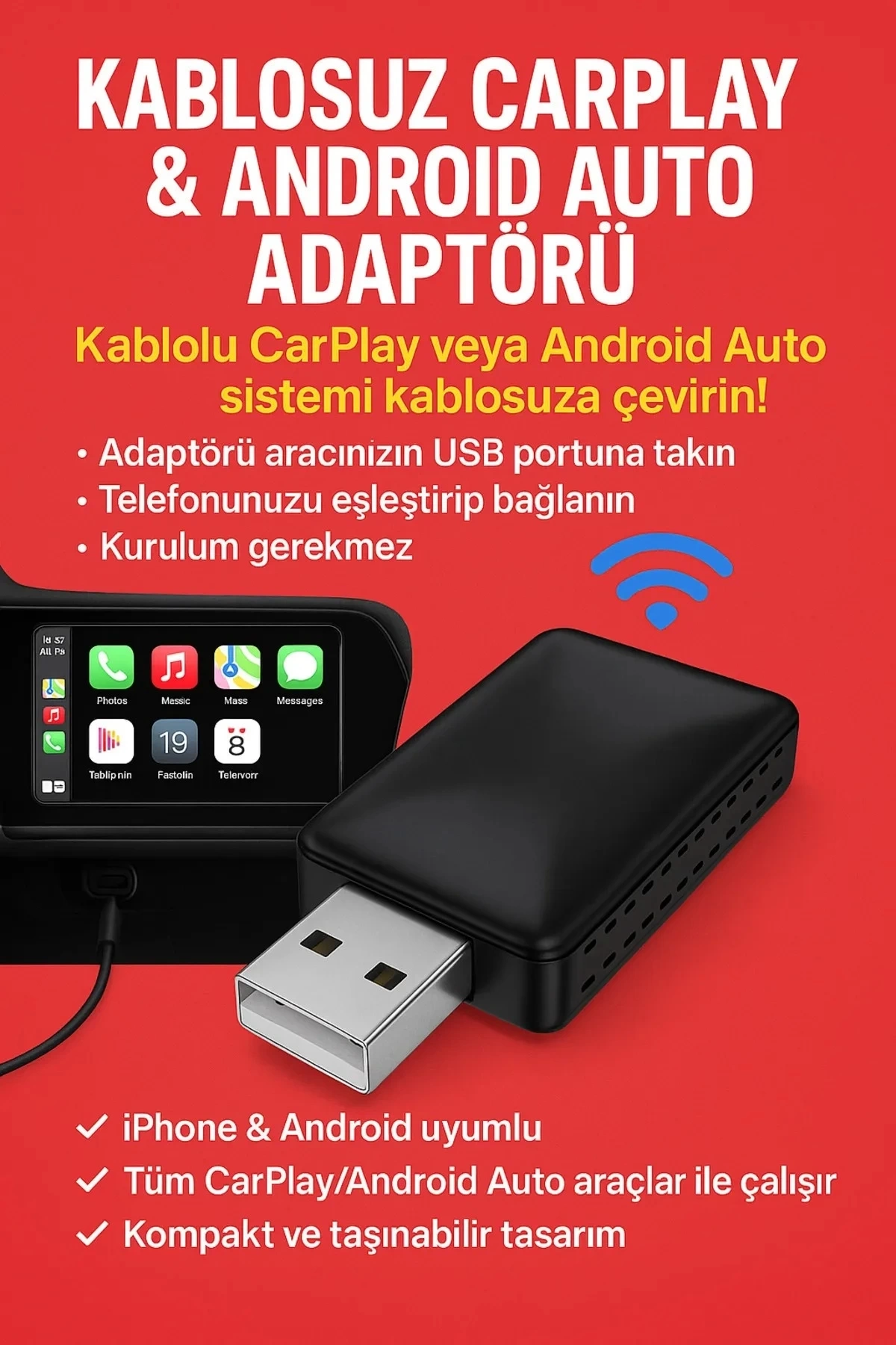 BUĞZ Kablosuz CarPlay & Android Auto Adaptörü - Apple ve Android Cihazlar İçin Evrensel Wireless Carplay Çevirici
