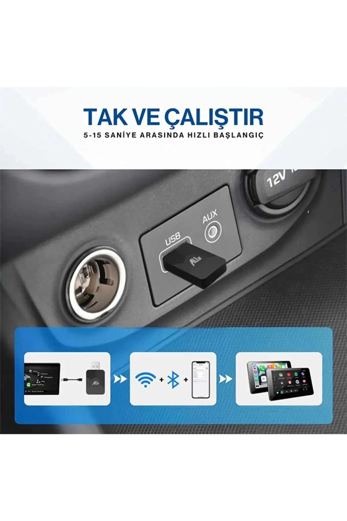 BUĞZ Kablosuz CarPlay & Android Auto Adaptörü - Apple ve Android Cihazlar İçin Evrensel Wireless Carplay Çevirici