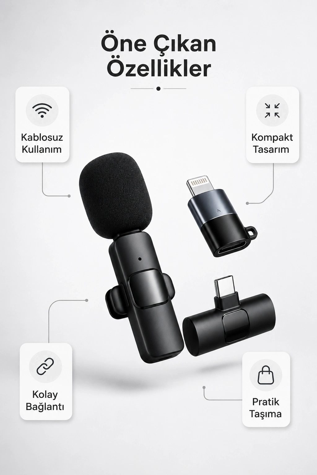 BUĞZ Kablosuz Yaka Mikrofonu Type-C ve Lightning Uyumlu Şarjlı Klipsli Ses Kayıt Mikrofonu