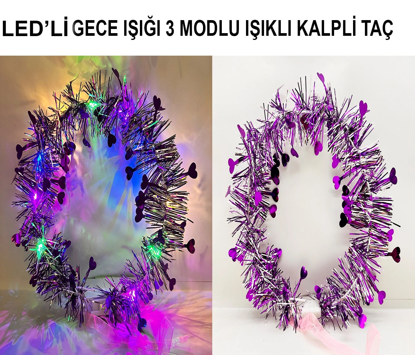 BUĞZ KALP PÜSKÜLLÜ 3 MODLU LED IŞIKLI TAÇ MOR RENK