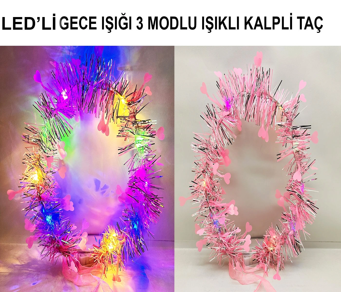 BUĞZ KALP PÜSKÜLLÜ 3 MODLU LED IŞIKLI TAÇ PEMBE RENK