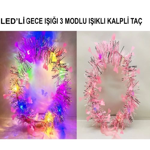 BUĞZ Kalp Püsküllü 3 Modlu LED Işıklı Taç Pembe Renk