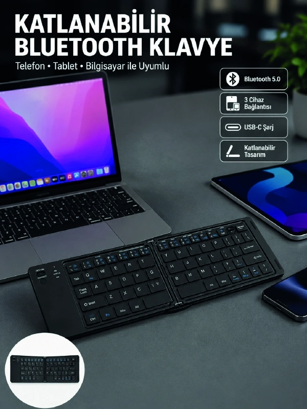 BUĞZ Katlanabilir Bluetooth Klavye 3 Cihaz Bağlantılı Kablosuz Taşınabilir Klavye